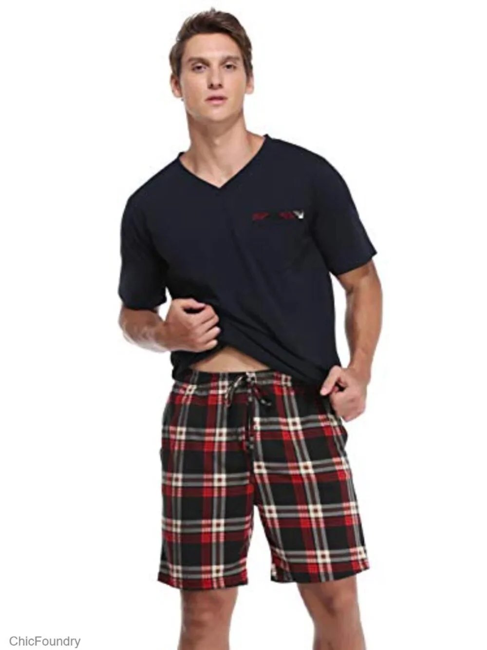 Men's Soft Cotton Pajama Set, 2 Piece Short Sleeve Sleepwear with Pockets